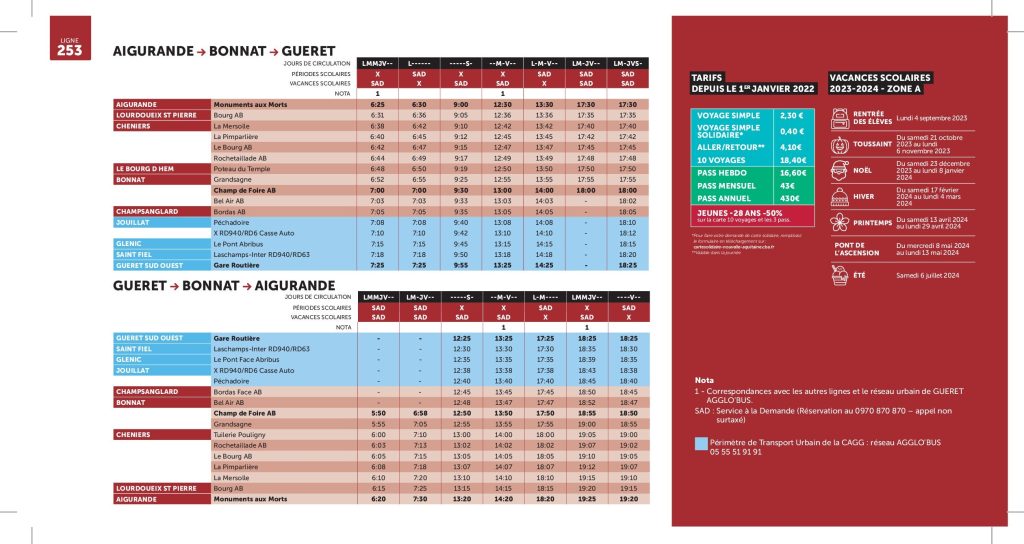 Fiche horaire Cars régionaux Aigurande Guéret