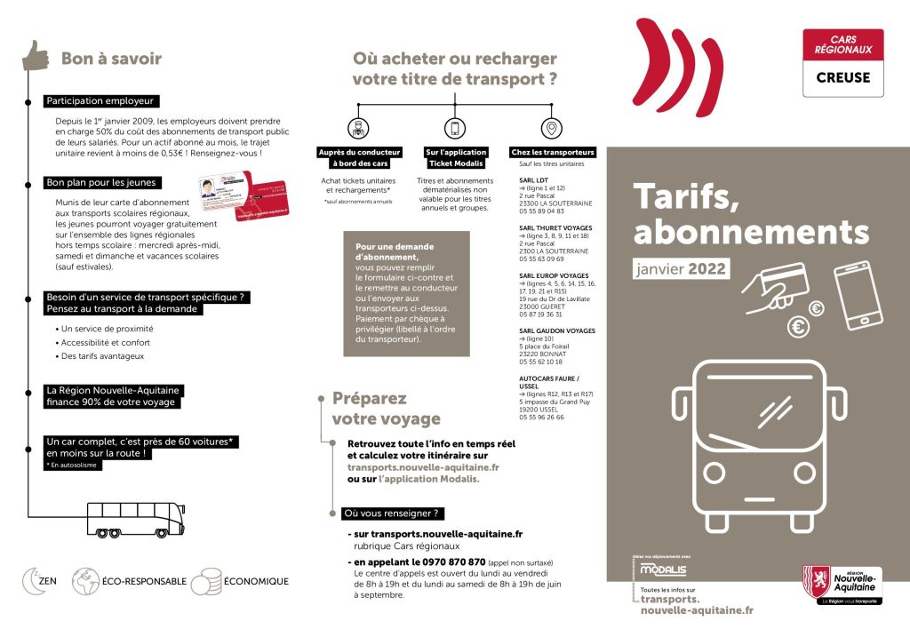 Informations pratiques tarifs abonnements Cars régionaux Creuse