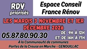 Permanence Espace conseil France Rénov – les mardis 3 novembre et 1er décembre 2026